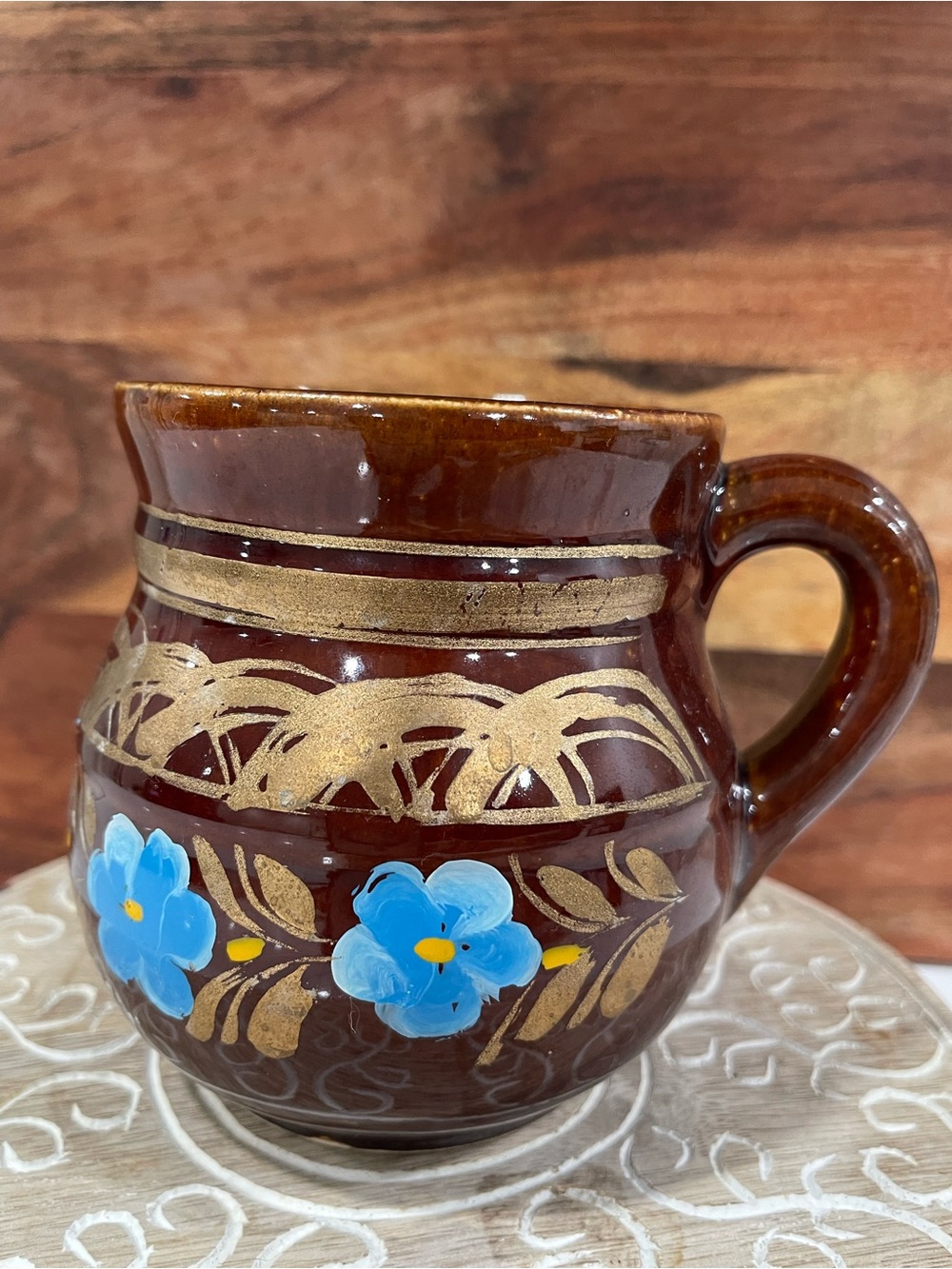 Mexican Hand-Painted Brown Ceramic Mug with Blue Floral Motif